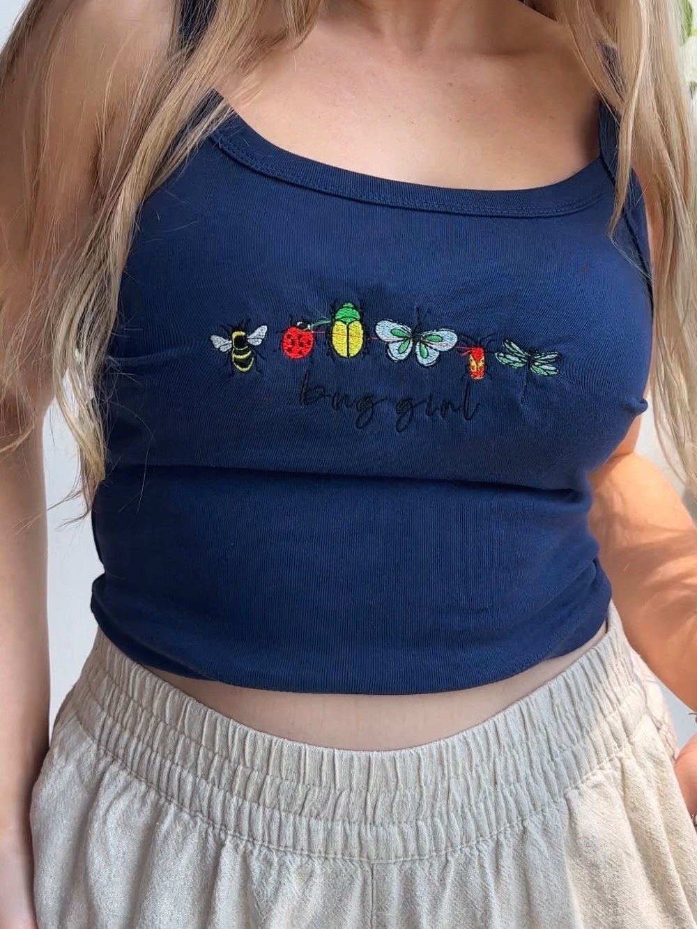 NWT Navy 'Bug Girl' Embroidered Crop Tank Top